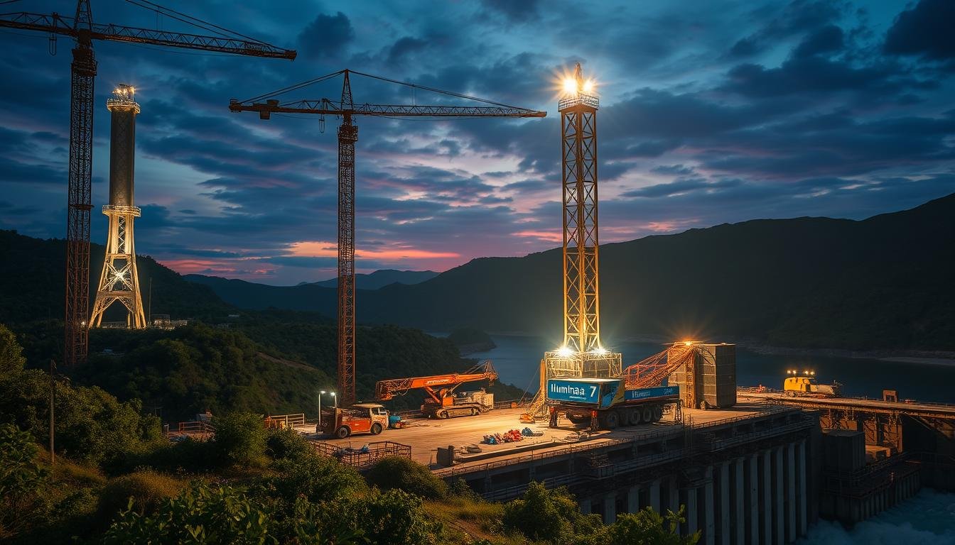 Torres de iluminação na construção de usinas hidrelétricas​